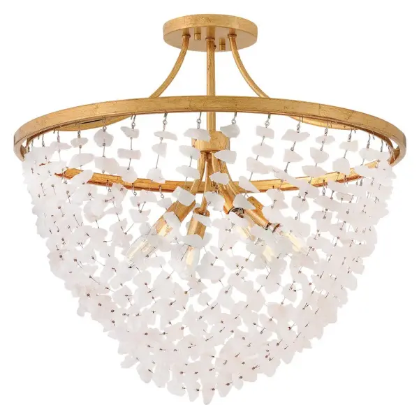 Glamorous strands of quartz rock crystal hang delicately from Myra's Distressed Brass frame, enhanced by the extravagant warm tones of hand-applied gold leaf. A beautiful curtain of uniquely shaped vitreous stones diffuses and softens the light from exposed candelabra lamps. Collection: Myra Finish: Distressed Brass Glass: Rock Crystal Width: 24.00" Height: 22.50" Length: 24.00" Weight: 19.51 lb Canopy: 6" Dia. Number of Bulbs: 6 Maximum Wattage: 5.00 W Bulb Base: Candelabra Light Source: LED Dimmable Voltage: 120.00 V Material: Steel Country of Origin: CHINA Safety Listing: C-US Safety Rating: Dry Spec Sheet Instructions
