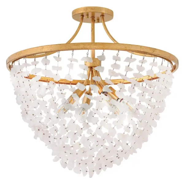 Glamorous strands of quartz rock crystal hang delicately from Myra's Distressed Brass frame, enhanced by the extravagant warm tones of hand-applied gold leaf. A beautiful curtain of uniquely shaped vitreous stones diffuses and softens the light from exposed candelabra lamps. Collection: Myra Finish: Distressed Brass Glass: Rock Crystal Width: 24.00" Height: 22.50" Length: 24.00" Weight: 19.51 lb Canopy: 6" Dia. Number of Bulbs: 6 Maximum Wattage: 5.00 W Bulb Base: Candelabra Light Source: LED Dimmable Voltage: 120.00 V Material: Steel Country of Origin: CHINA Safety Listing: C-US Safety Rating: Dry Spec Sheet Instructions - alternate view