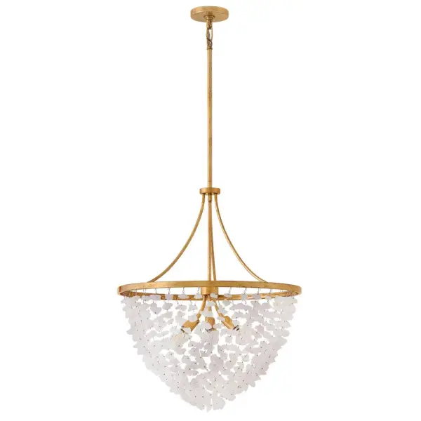Glamorous strands of quartz rock crystal hang delicately from Myra's Distressed Brass frame, enhanced by the extravagant warm tones of hand-applied gold leaf. A beautiful curtain of uniquely shaped vitreous stones diffuses and softens the light from exposed candelabra lamps. Collection: Myra Finish: Distressed Brass Glass: Rock Crystal Width: 24.00" Height: 29.25" Length: 24.00" Weight: 20.94 lb Wire: 1 X 120" Rod: 1-6", 2-12" Canopy: 5.25" Dia. Number of Bulbs: 6 Maximum Wattage: 5.00 W Bulb Base: Candelabra Light Source: LED Dimmable Voltage: 120.00 V Material: Steel Country of Origin: CHINA Safety Listing: C-US Safety Rating: Dry Spec Sheet Instructions - alternate view