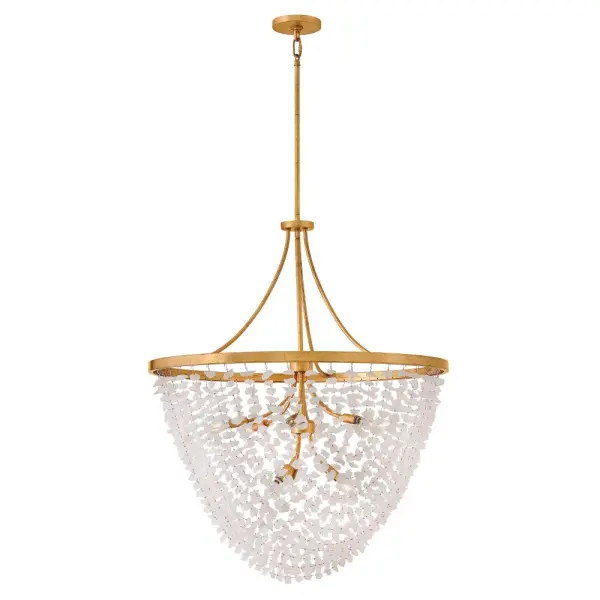 Glamorous strands of quartz rock crystal hang delicately from Myra's Distressed Brass frame, enhanced by the extravagant warm tones of hand-applied gold leaf. A beautiful curtain of uniquely shaped vitreous stones diffuses and softens the light from exposed candelabra lamps. Collection: Myra Finish: Distressed Brass Glass: Rock Crystal Width: 35.00" Height: 42.50" Length: 35.00" Weight: 44.26 lb Wire: 1 X 120" Rod: 1-6", 2-12" Canopy: 6" Dia. Number of Bulbs: 9 Maximum Wattage: 5.00 W Bulb Base: Candelabra Light Source: LED Dimmable Voltage: 120.00 V Material: Steel Country of Origin: CHINA Safety Listing: C-US Safety Rating: Dry Spec Sheet Instructions