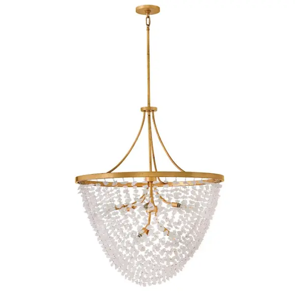 Glamorous strands of quartz rock crystal hang delicately from Myra's Distressed Brass frame, enhanced by the extravagant warm tones of hand-applied gold leaf. A beautiful curtain of uniquely shaped vitreous stones diffuses and softens the light from exposed candelabra lamps. Collection: Myra Finish: Distressed Brass Glass: Rock Crystal Width: 35.00" Height: 42.50" Length: 35.00" Weight: 44.26 lb Wire: 1 X 120" Rod: 1-6", 2-12" Canopy: 6" Dia. Number of Bulbs: 9 Maximum Wattage: 5.00 W Bulb Base: Candelabra Light Source: LED Dimmable Voltage: 120.00 V Material: Steel Country of Origin: CHINA Safety Listing: C-US Safety Rating: Dry Spec Sheet Instructions - alternate view