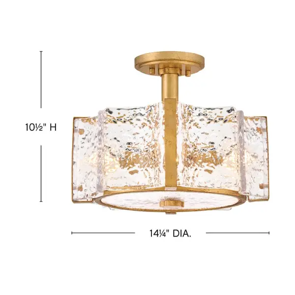 The Florian semi-flush mount combines pressed glass with a flowing, aqueous texture and warm distressed brass finish. Its compact 14.25" profile makes it ideal for smaller spaces needing elegant ambient lighting. - alternate view