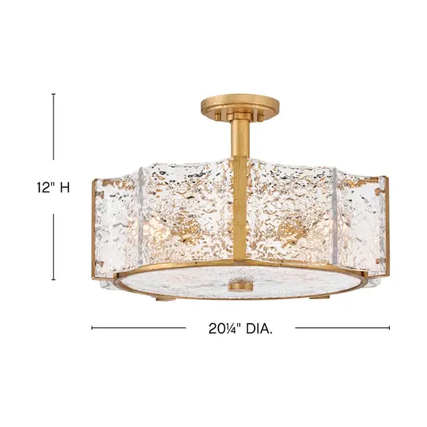 The Florian semi-flush mount combines pressed glass with a flowing, aqueous texture and warm distressed brass finish. Its candelabra lamps create abundant, gently diffused illumination perfect for medium-sized spaces with standard ceilings. - alternate view