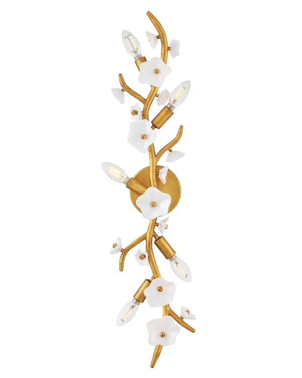 The Azalea sconce brings nature-inspired elegance with its intricate double-layered glass blossoms in clear and white. The distressed brass frame adds vintage charm while five candelabra lights provide warm, ambient illumination.
