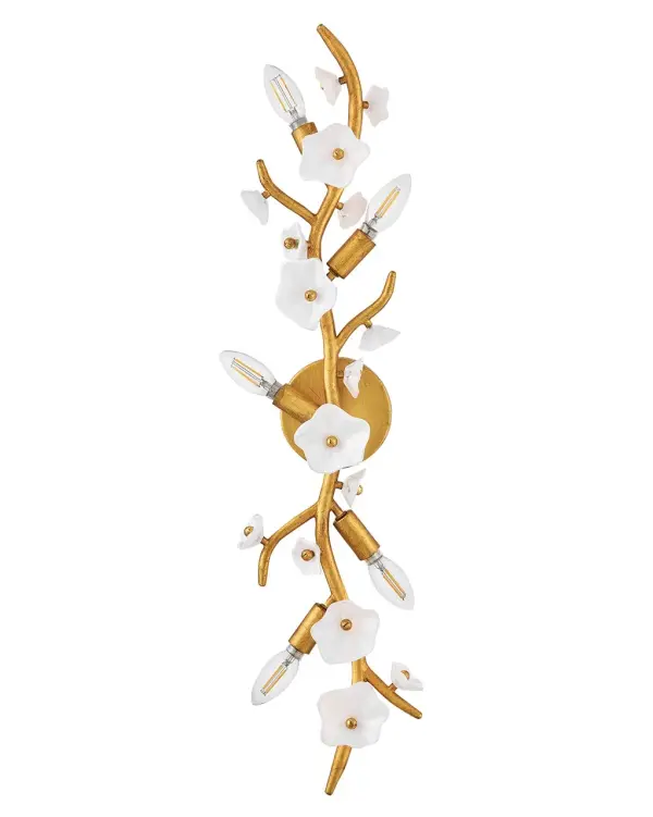 The Azalea sconce brings nature-inspired elegance with its intricate double-layered glass blossoms in clear and white. The distressed brass frame adds vintage charm while five candelabra lights provide warm, ambient illumination. - alternate view