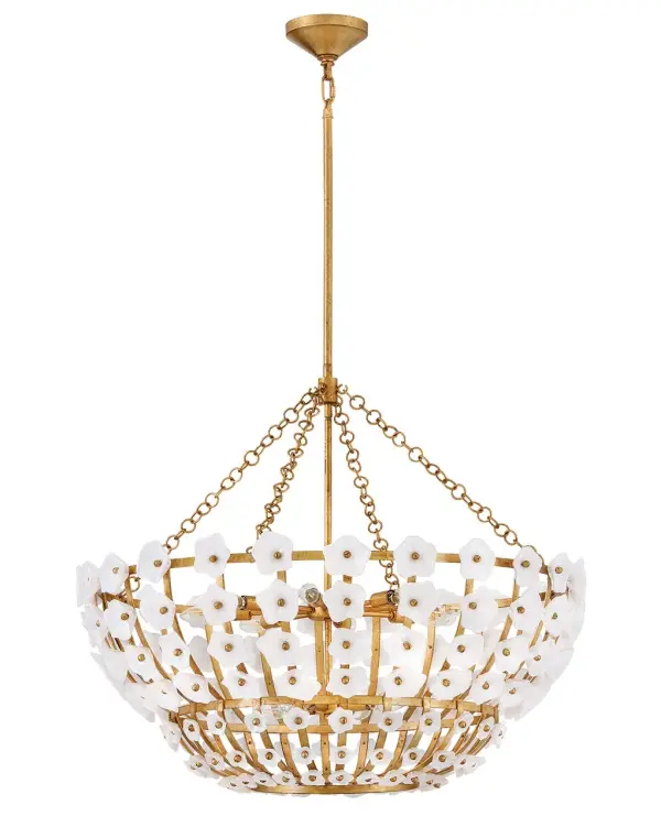 The Azalea chandelier transforms spaces with its nature-inspired design featuring intricate double-layered glass blossoms in clear and white. The distressed brass frame adds warmth and character, creating abundant ambient light perfect for elegant dining rooms and grand entryways. - alternate view
