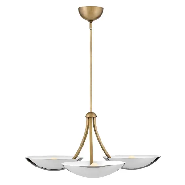 The Glenn chandelier makes a bold statement with its oversized curves and bowl shades. Heritage Brass frame with Chrome accents creates sophisticated contrast perfect for contemporary spaces seeking dramatic directional lighting.