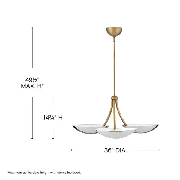 The Glenn chandelier makes a bold statement with its oversized curves and bowl shades. Heritage Brass frame with Chrome accents creates sophisticated contrast perfect for contemporary spaces seeking dramatic directional lighting. - alternate view