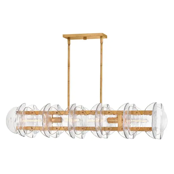 The Seraphina linear chandelier combines opulent water glass panes with a distressed brass frame for sophisticated illumination. Its 48-inch length and transitional design make it versatile for both modern and traditional interiors.