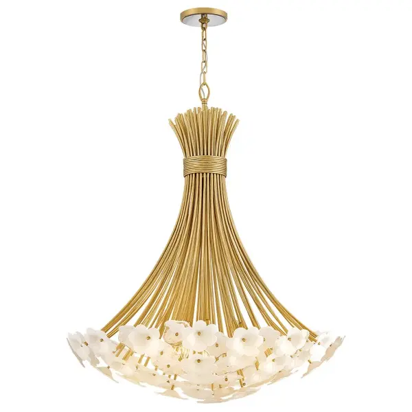 The Marianne chandelier transforms spaces with its organic floral design featuring white glass and ceramic blossoms arranged in elegant clusters. The Deluxe Gold finish adds warmth and sophistication to this substantial 38-inch fixture.