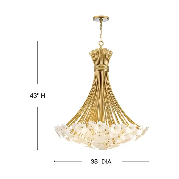 The Marianne chandelier transforms spaces with its organic floral design featuring white glass and ceramic blossoms arranged in elegant clusters. The Deluxe Gold finish adds warmth and sophistication to this substantial 38-inch fixture. - alternate view