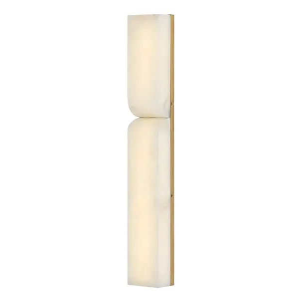 The Alune Large LED Sconce combines modern asymmetrical curves with natural alabaster stone, creating dramatic visual interest. Integrated warm LEDs illuminate unique stone variations while the Lacquered Brass finish adds luxury.