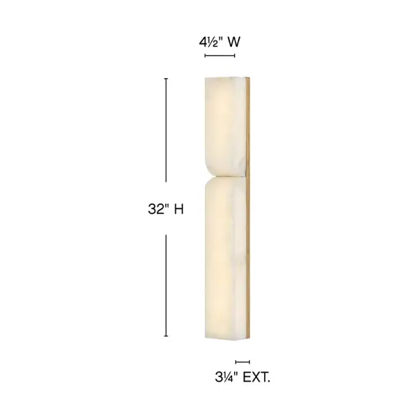 The Alune Large LED Sconce combines modern asymmetrical curves with natural alabaster stone, creating dramatic visual interest. Integrated warm LEDs illuminate unique stone variations while the Lacquered Brass finish adds luxury. - alternate view