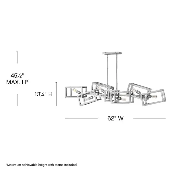 The Ensemble linear chandelier commands attention with its bold 62-inch span and layered geometric design. Polished nickel finish adds sophisticated gleam while six lights provide ample illumination for large spaces. - alternate view