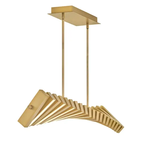 The Stitch LED Linear Chandelier makes a bold contemporary statement with its innovative articulating LED panels. The 42-inch width and adjustable design offer both form and function, delivering abundant illumination in a luxurious Lacquered Brass finish.