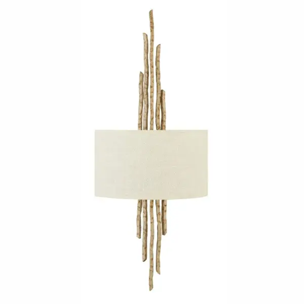 The Spyre Large Two Light Sconce captivates with its organic edginess and hand-hammered Champagne Gold finish. At 27 inches tall, this statement piece brings artisanal elegance to any space with its sculptural silhouette.