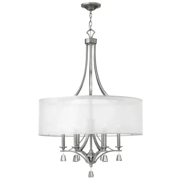 This 30-inch drum pendant combines transitional elegance with contemporary flair. The sheer double hardback shade creates ambient lighting while tapered square crystal accents add sparkle and luxury. Perfect for formal dining rooms and grand entryways.