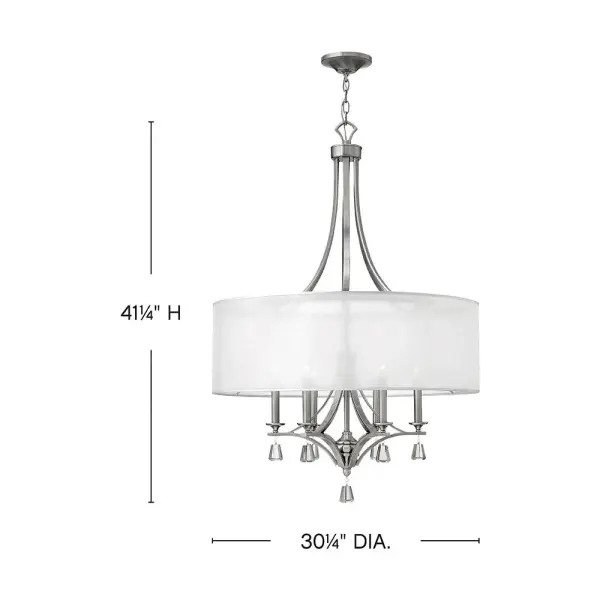 This 30-inch drum pendant combines transitional elegance with contemporary flair. The sheer double hardback shade creates ambient lighting while tapered square crystal accents add sparkle and luxury. Perfect for formal dining rooms and grand entryways. - alternate view