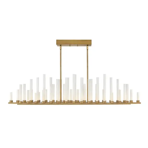 The Trinity Medium Linear creates a breathtaking focal point with 50 integrated LED lights arranged in undulating frosted glass columns along Heritage Brass bars. This 48-inch statement piece combines old-world candle inspiration with modern LED technology for spectacular visual impact.