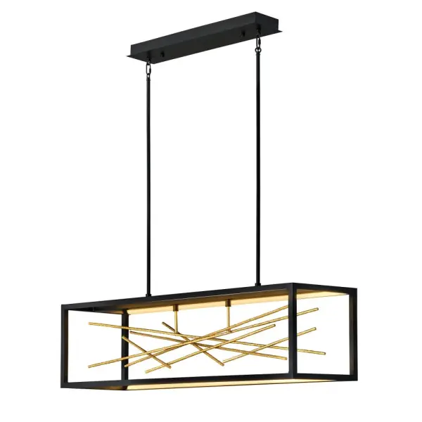 The Styx LED Linear Chandelier captivates with its dramatic fusion of sleek black framework and organic gilded gold branches. This 45-inch statement piece delivers integrated LED illumination through a contemporary open frame design.