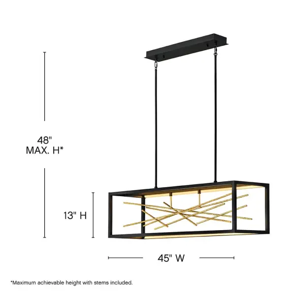 The Styx LED Linear Chandelier captivates with its dramatic fusion of sleek black framework and organic gilded gold branches. This 45-inch statement piece delivers integrated LED illumination through a contemporary open frame design. - alternate view