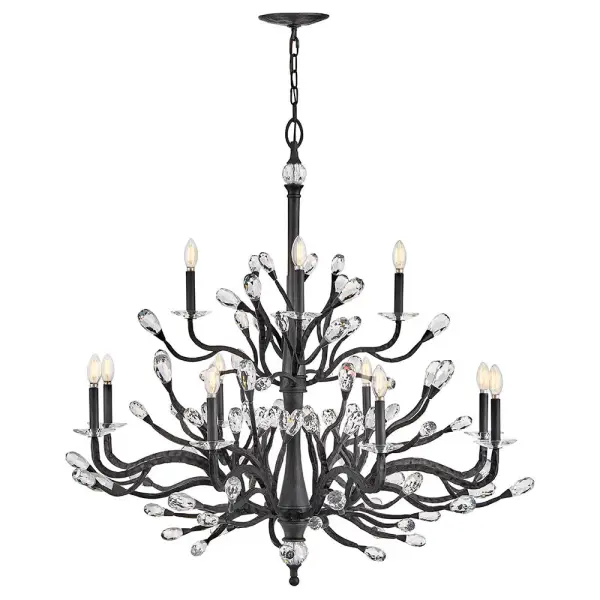The Eve chandelier combines organic inspiration with luxurious craftsmanship. Featuring hand-forged stems adorned with faceted clear crystal buds, this two-tier design creates a stunning focal point in any grand space.