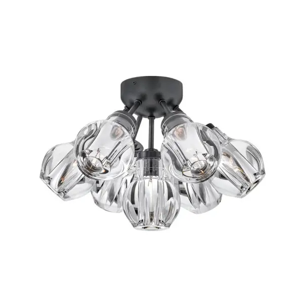 The Elise semi-flush mount delivers mesmerizing elegance through thick-cut crystal shades arranged in a radiating cluster. Its bold black finish and dramatic light refraction create a sophisticated focal point perfect for modern interiors.
