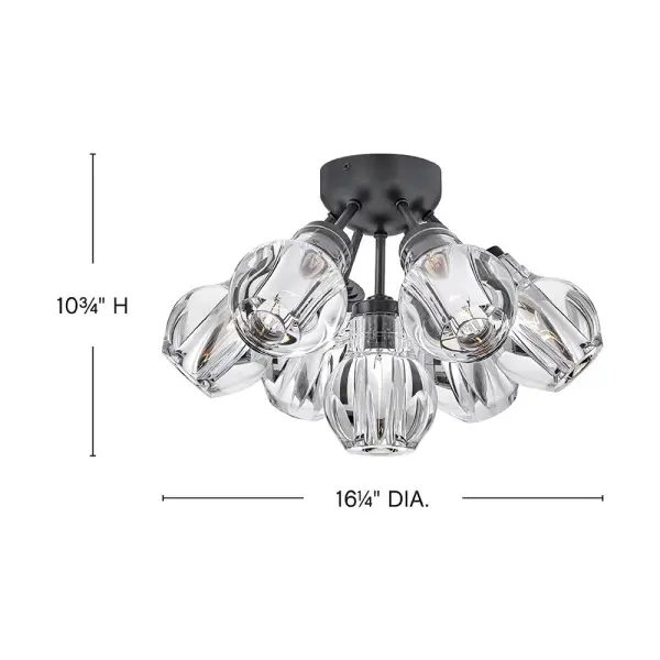 The Elise semi-flush mount delivers mesmerizing elegance through thick-cut crystal shades arranged in a radiating cluster. Its bold black finish and dramatic light refraction create a sophisticated focal point perfect for modern interiors. - alternate view
