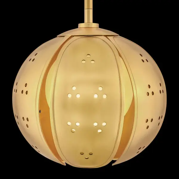 The Anthos Small Pendant transforms lighting into art with its botanical-inspired design. Hand-crafted unlacquered brass petals feature raised edges and perforations that create captivating light patterns through etched opal glass. - alternate view