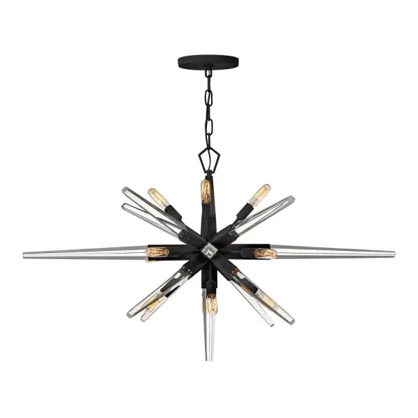 The Ariel chandelier reimagines the iconic midcentury starburst with a sleek minimalist profile. Twelve lights radiate from a central point, accented by sophisticated crystal spires that add unexpected elegance to the jet-black finish.