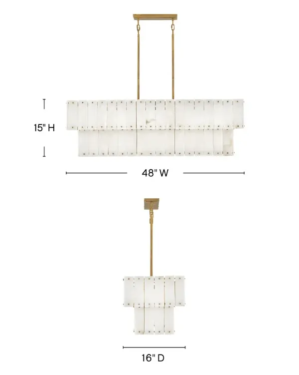 The Simone chandelier transforms grand spaces with its luxurious tiered alabaster design and burnished gold finish. Eight lights provide ample illumination while natural stone panels create warm, diffused ambiance perfect for formal dining and statement foyers. - alternate view