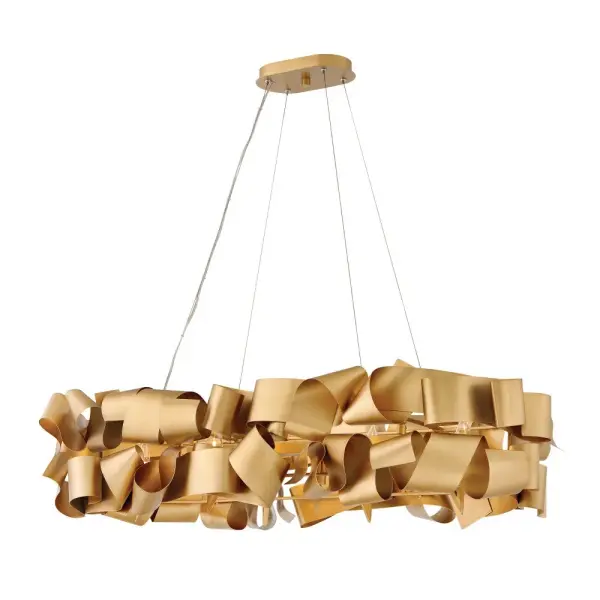 The Delfina chandelier transforms lighting into art with its boldly elegant steel ribbon design in luxurious Deluxe Gold. Six lights flow through overlapping bands, creating organic movement and sophisticated ambiance perfect for contemporary spaces.