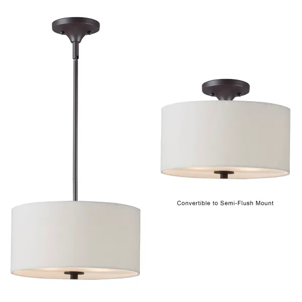 A collection of drum shade lighting available in your choice of Oatmeal with Natural Aged Brass or Oil Rubbed Bronze or White Linen with Satin Nickel frames. This transitional design works in a wide variety of decor styles from traditional to contemporary and available in multiple configurations from flush mounts, pendants, wall sconces, and linear bar lighting. Collection: Bongo Finish: Oil Rubbed Bronze Width: 13.00" Height: 10.75" Length: 13.00" Weight: 4.69 lb Wire: 124" Canopy: 4.75"x4.75"x1.97" Number of Bulbs: 2 Maximum Wattage: 60.00 W Bulb Type: A19 Bulb Base: E26 Medium Light Source: Incandescent Light Output: 1300.00 lm Dimmable Voltage: 120.00 V Material: Steel, Fabric Safety Listing: cETLus Safety Rating: Dry Spec Sheet Instructions Parts Diagram - alternate view