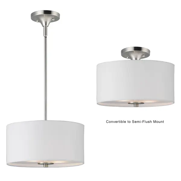 A collection of drum shade lighting available in your choice of Oatmeal with Natural Aged Brass or Oil Rubbed Bronze or White Linen with Satin Nickel frames. This transitional design works in a wide variety of decor styles from traditional to contemporary and available in multiple configurations from flush mounts, pendants, wall sconces, and linear bar lighting. Collection: Bongo Finish: Satin Nickel Width: 13.00" Height: 10.75" Length: 13.00" Weight: 4.69 lb Wire: 124" Canopy: 4.75"x4.75"x1.97" Number of Bulbs: 2 Maximum Wattage: 60.00 W Bulb Type: A19 Bulb Base: E26 Medium Light Source: Incandescent Light Output: 1300.00 lm Dimmable Voltage: 120.00 V Material: Steel, Fabric Safety Listing: cETLus Safety Rating: Dry Spec Sheet Instructions Parts Diagram - alternate view