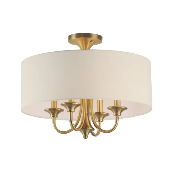 A collection of drum shade lighting available in your choice of Oatmeal with Natural Aged Brass or Oil Rubbed Bronze or White Linen with Satin Nickel frames. This transitional design works in a wide variety of decor styles from traditional to contemporary and available in multiple configurations from flush mounts, pendants, wall sconces, and linear bar lighting. Collection: Bongo Finish: Natural Aged Brass Width: 18.00" Height: 14.50" Length: 18.00" Weight: 5.20 lb Chain: 36" Wire: 120" Canopy: 5"x5"x1" Number of Bulbs: 4 Maximum Wattage: 60.00 W Bulb Type: Candelabra Bulb Base: E12 Candelabra Light Source: Incandescent Dimmable Voltage: 120.00 V Material: Steel, Linen Safety Listing: cETLus Safety Rating: Dry Spec Sheet Instructions