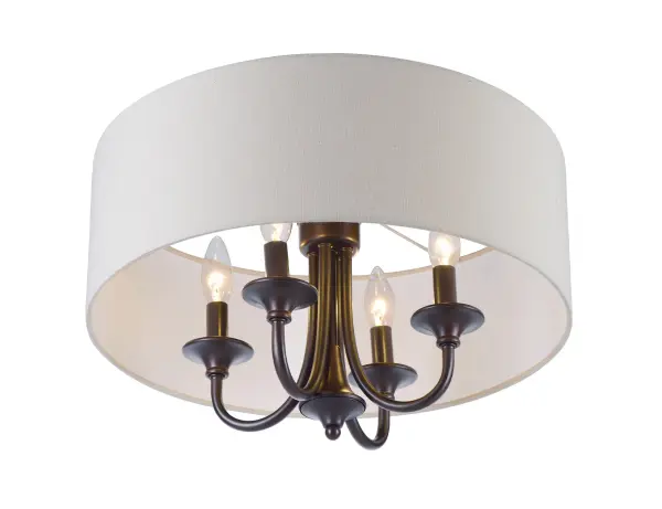 A collection of drum shade lighting available in your choice of Oatmeal with Natural Aged Brass or Oil Rubbed Bronze or White Linen with Satin Nickel frames. This transitional design works in a wide variety of decor styles from traditional to contemporary and available in multiple configurations from flush mounts, pendants, wall sconces, and linear bar lighting. Collection: Bongo Finish: Oil Rubbed Bronze Width: 18.00" Height: 14.50" Length: 18.00" Weight: 5.20 lb Chain: 36" Wire: 120" Canopy: 5"x5"x1" Number of Bulbs: 4 Maximum Wattage: 60.00 W Bulb Type: B10 Bulb Base: E12 Candelabra Light Source: Incandescent Dimmable Voltage: 120.00 V Material: Steel, Linen Safety Listing: cETLus Safety Rating: Dry Manufacturer Warranty: 1 Spec Sheet Instructions Parts Diagram
