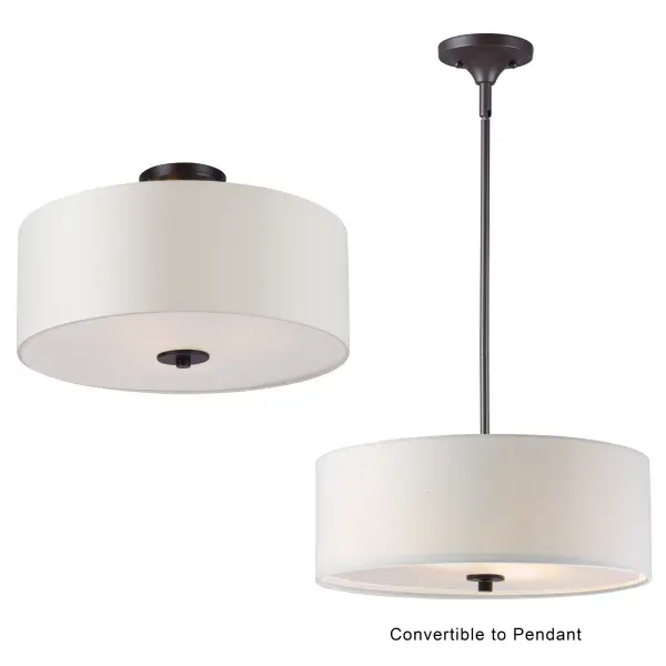 A collection of drum shade lighting available in your choice of Oatmeal with Natural Aged Brass or Oil Rubbed Bronze or White Linen with Satin Nickel frames. This transitional design works in a wide variety of decor styles from traditional to contemporary and available in multiple configurations from flush mounts, pendants, wall sconces, and linear bar lighting. Collection: Bongo Finish: Oil Rubbed Bronze Width: 18.00" Height: 11.00" Length: 18.00" Weight: 6.81 lb Wire: 177" Canopy: 4.75"x4.75"x1.97" Number of Bulbs: 3 Maximum Wattage: 60.00 W Bulb Type: A19 Bulb Base: E26 Medium Light Source: Incandescent Dimmable Voltage: 120.00 V Material: Steel, Fabric Safety Listing: cETLus Safety Rating: Dry Manufacturer Warranty: 1 Spec Sheet Instructions Parts Diagram - alternate view