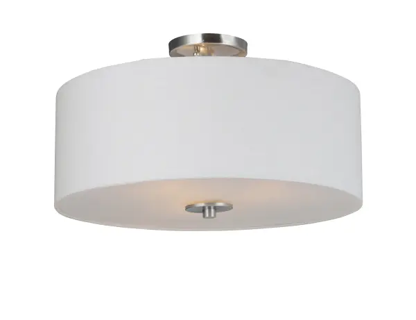A collection of drum shade lighting available in your choice of Oatmeal with Natural Aged Brass or Oil Rubbed Bronze or White Linen with Satin Nickel frames. This transitional design works in a wide variety of decor styles from traditional to contemporary and available in multiple configurations from flush mounts, pendants, wall sconces, and linear bar lighting. Collection: Bongo Finish: Satin Nickel Width: 18.00" Height: 11.00" Length: 18.00" Weight: 6.81 lb Wire: 177" Canopy: 4.75"x4.75"x1.97" Number of Bulbs: 3 Maximum Wattage: 60.00 W Bulb Type: A19 Bulb Base: E26 Medium Light Source: Incandescent Dimmable Voltage: 120.00 V Material: Steel, Fabric Safety Listing: cETLus Safety Rating: Dry Manufacturer Warranty: 1 Spec Sheet Instructions Parts Diagram