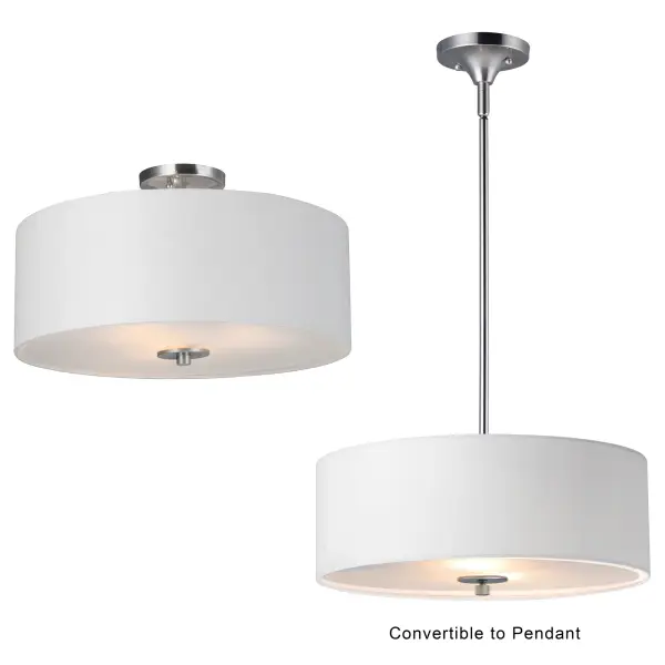 A collection of drum shade lighting available in your choice of Oatmeal with Natural Aged Brass or Oil Rubbed Bronze or White Linen with Satin Nickel frames. This transitional design works in a wide variety of decor styles from traditional to contemporary and available in multiple configurations from flush mounts, pendants, wall sconces, and linear bar lighting. Collection: Bongo Finish: Satin Nickel Width: 18.00" Height: 11.00" Length: 18.00" Weight: 6.81 lb Wire: 177" Canopy: 4.75"x4.75"x1.97" Number of Bulbs: 3 Maximum Wattage: 60.00 W Bulb Type: A19 Bulb Base: E26 Medium Light Source: Incandescent Dimmable Voltage: 120.00 V Material: Steel, Fabric Safety Listing: cETLus Safety Rating: Dry Manufacturer Warranty: 1 Spec Sheet Instructions Parts Diagram - alternate view