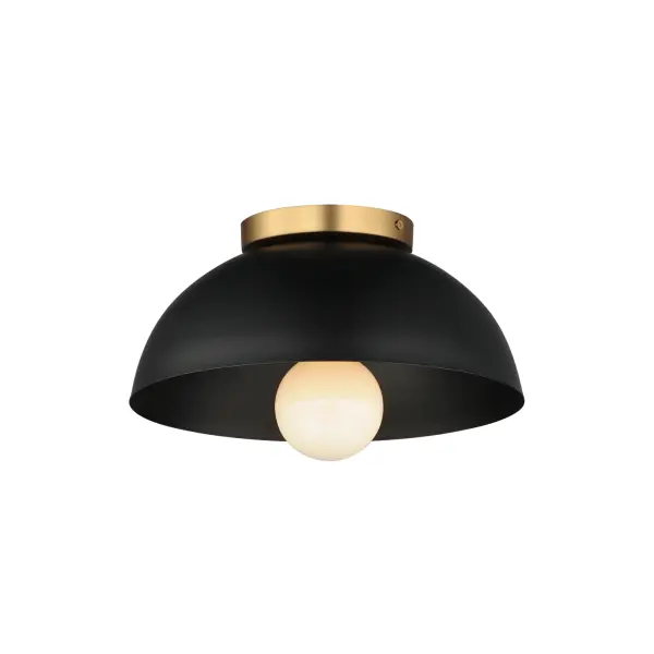 Dome shaped shades in Matte Black contrast Natural Aged Brass accents. Available in flush mount, bath vanity, and swing arm wall sconce configurations. This collection delivers an approachable, modern design that pairs well with transitional design aesthetics. Collection: Thelonious Finish: Black / Natural Aged Brass Width: 11.50" Height: 5.75" Length: 11.50" Weight: 1.98 lb Wire: 8" Canopy: 5"x5"x0.75" Number of Bulbs: 1 Maximum Wattage: 60.00 W Bulb Type: E26 Bulb Base: E26 Medium Light Source: Incandescent Dimmable Voltage: 120.00 V Material: Steel Safety Listing: cETLus Safety Rating: Dry Manufacturer Warranty: 2 Spec Sheet Instructions