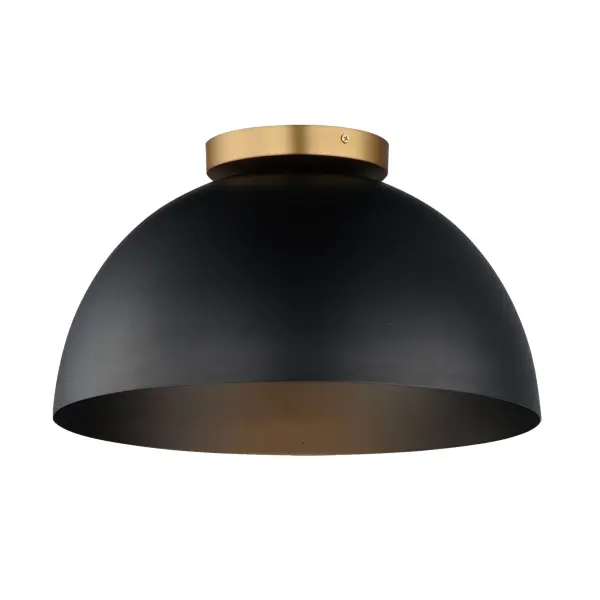 Dome shaped shades in Matte Black contrast Natural Aged Brass accents. Available in flush mount, bath vanity, and swing arm wall sconce configurations. This collection delivers an approachable, modern design that pairs well with transitional design aesthetics. Collection: Thelonious Finish: Black / Natural Aged Brass Width: 15.75" Height: 8.75" Length: 15.75" Weight: 3.83 lb Wire: 8" Canopy: 6"x6"x0.75" Number of Bulbs: 1 Maximum Wattage: 60.00 W Bulb Type: E26 Bulb Base: E26 Medium Light Source: Incandescent Dimmable Voltage: 120.00 V Material: Steel Safety Listing: cETLus Safety Rating: Dry Manufacturer Warranty: 2 Spec Sheet Instructions