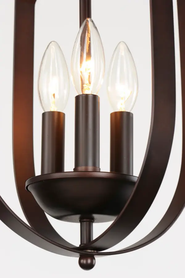 Offered in a variety of shapes and sizes, the Provident collection offers a trending style at value engineered pricing. The pivoting metal bands in your choice of Oiled Rubbed Bronze or Satin Nickel are available in sizes that fit many coordinating locations. Collection: Provident Finish: Oil Rubbed Bronze Width: 10.00" Height: 16.00" Length: 10.00" Weight: 4.60 lb Chain: 36" Wire: 120" Canopy: 4.75"x4.75"x0.75" Number of Bulbs: 3 Maximum Wattage: 60.00 W Bulb Type: B10 Bulb Base: E12 Candelabra Light Source: Incandescent Dimmable Voltage: 120.00 V Material: Steel Safety Listing: cULus Safety Rating: Dry Manufacturer Warranty: 1 Spec Sheet Instructions Parts Diagram - alternate view