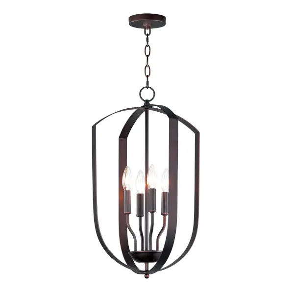 Offered in a variety of shapes and sizes, the Provident collection offers a trending style at value engineered pricing. The pivoting metal bands in your choice of Oiled Rubbed Bronze or Satin Nickel are available in sizes that fit many coordinating locations. Collection: Provident Finish: Oil Rubbed Bronze Width: 14.50" Height: 23.50" Length: 14.50" Weight: 7.17 lb Chain: 36" Wire: 120" Canopy: 4.75"x4.75"x0.75" Number of Bulbs: 4 Maximum Wattage: 60.00 W Bulb Type: B10 Bulb Base: E12 Candelabra Light Source: Incandescent Dimmable Voltage: 120.00 V Material: Steel Safety Listing: cULus Safety Rating: Dry Manufacturer Warranty: 1 Spec Sheet Instructions Parts Diagram