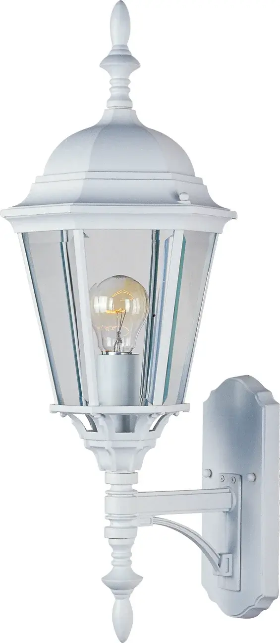 Westlake is a transitional style from Maxim Lighting International in Black, Rust Patina, Empire Bronze, or White finish. Collection: Westlake Finish: White Glass: Clear Width: 9.50" Height: 24.00" Weight: 5.50 lb Extension from Wall: 10.00" Canopy: 10"x4.5" Number of Bulbs: 1 Maximum Wattage: 60.00 W Bulb Type: A19 Bulb Base: E26 Medium Light Source: Incandescent Light Output: 1150.00 lm Dimmable Rated Average Life: 2500 Voltage: 120.00 V Material: Die Cast Aluminum Safety Listing: cETLus Safety Rating: Wet Manufacturer Warranty: 1 Spec Sheet Instructions Parts Diagram