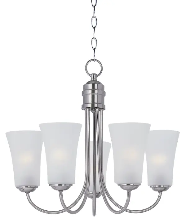 Modern style at a competitive price will make this collection the next builder standard. Tall profile Frost glass shades adorn a minimalistic frame in your choice of Satin Nickel or Oil Rubbed Bronze. Collection: Logan Finish: Satin Nickel Glass: Frosted Width: 20.00" Height: 18.00" Length: 20.00" Weight: 8.40 lb Chain: 36" Wire: 120" Canopy: 4.93"x4.93"x1" Number of Bulbs: 5 Maximum Wattage: 60.00 W Bulb Type: A19 Bulb Base: E26 Medium Light Source: Incandescent Dimmable Voltage: 120.00 V Material: Steel, Glass Safety Listing: cULus Safety Rating: Dry Manufacturer Warranty: 1 Spec Sheet Instructions Parts Diagram