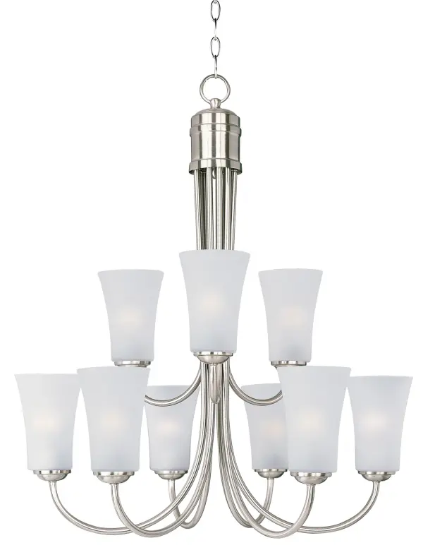 Modern style at a competitive price will make this collection the next builder standard. Tall profile Frost glass shades adorn a minimalistic frame in your choice of Satin Nickel or Oil Rubbed Bronze. Collection: Logan Finish: Satin Nickel Glass: Frosted Width: 28.50" Height: 30.50" Length: 28.50" Weight: 17.00 lb Chain: 36" Canopy: 4.53``x4.53`` Number of Bulbs: 9 Maximum Wattage: 60.00 W Bulb Type: A19 Bulb Base: E26 Medium Light Source: Incandescent Dimmable Voltage: 120.00 V Material: Steel, Glass Safety Listing: cULus Safety Rating: Dry Manufacturer Warranty: 1 Spec Sheet Instructions Parts Diagram