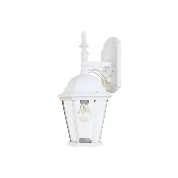 Westlake is a transitional style from Maxim Lighting International in Black, Rust Patina, Empire Bronze, or White finish. Collection: Westlake Finish: White Glass: Clear Width: 9.50" Height: 19.00" Weight: 3.85 lb Extension from Wall: 10.00" Canopy: 10"x4.5" Number of Bulbs: 1 Maximum Wattage: 60.00 W Bulb Type: A19 Bulb Base: E26 Medium Light Source: Incandescent Light Output: 1150.00 lm Dimmable Rated Average Life: 2500 Voltage: 120.00 V Material: Die Cast Aluminum Safety Listing: cETLus Safety Rating: Wet Manufacturer Warranty: 1 Spec Sheet Instructions Parts Diagram