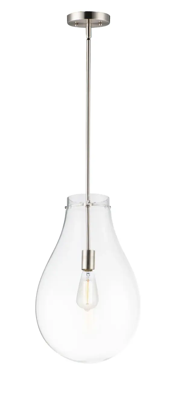 The crystal clear, large-scale glass pendants attest to the craft of hand-blown glass with their impressive scale. These hand crafted glass pendants embody simplicity and minimalism. Accented with Satin Nickel hardware, the style pairs well in a variety of settings.