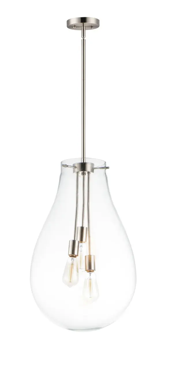 The crystal clear, large-scale glass pendants attest to the craft of hand-blown glass with their impressive scale. These hand crafted glass pendants embody simplicity and minimalism. Accented with Satin Nickel hardware, the style pairs well in a variety of settings.