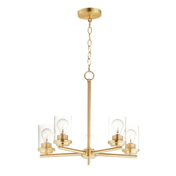 Minimalistic frames in a variety of brilliant finishes with your choice of either frosted or clear glass shades. While its sleek simplicity are modern in design, the Corona perfectly shines in any indoor application or style. Collection: Corona Finish: Satin Brass Glass: Clear Width: 22.00" Height: 21.00" Length: 22.00" Weight: 8.76 lb Chain: 36" Wire: 120" Canopy: 5.25"x5.25"x0.75" Number of Bulbs: 5 Maximum Wattage: 60.00 W Bulb Type: A19 Bulb Base: E26 Medium Light Source: Incandescent Dimmable Voltage: 120.00 V Material: Steel + Glass Safety Listing: cETLus Safety Rating: Dry Manufacturer Warranty: 5 Spec Sheet Instructions